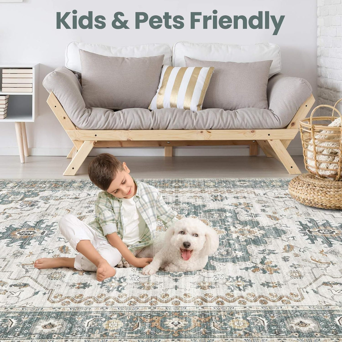 Washable Area Rugs for Living Room - 7x9 Neutral Vintage Distressed Floral Farmhouse Boho Large Soft Floor Rug Indoor Non Slip Carpet for Living Room Bedroom Dining Room Office - Green/Grey