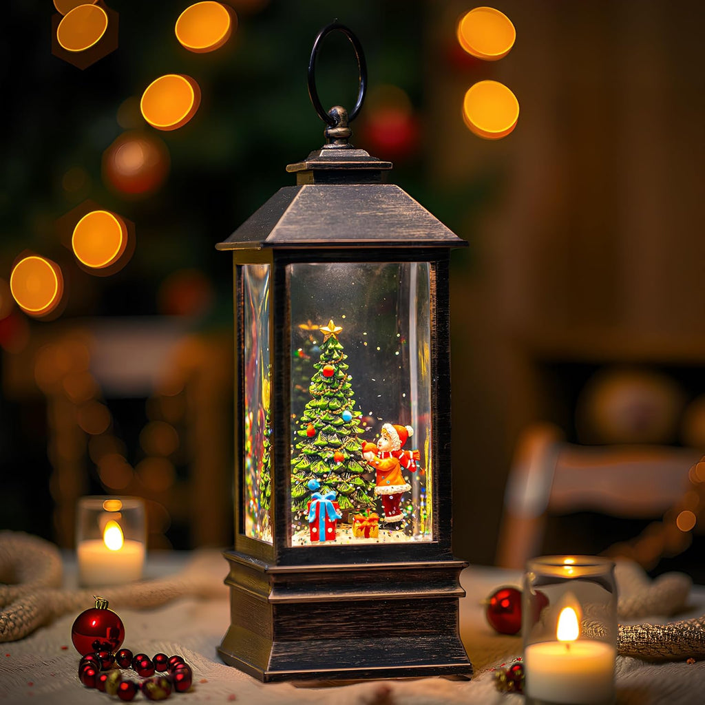 Christmas Snow Globe Lantern Water Glittering Christmas Tree Gifts with Music & Timer, USB Lined/Battery Operated Lighted Lantern for Christmas Festival Decorations