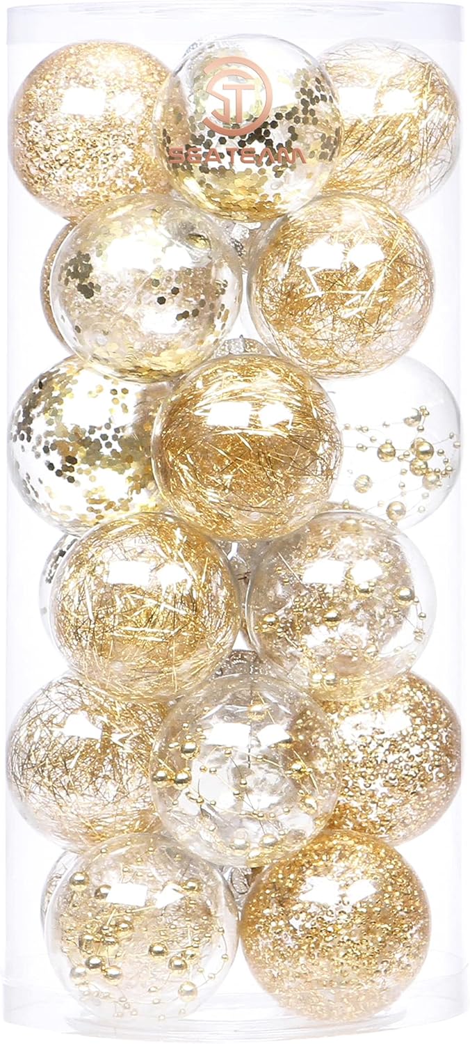 Sea Team 70mm/2.76" Shatterproof Clear Plastic Christmas Ball Ornaments Decorative Xmas Balls Baubles Set with Stuffed Delicate Decorations (24 Counts, Gold)