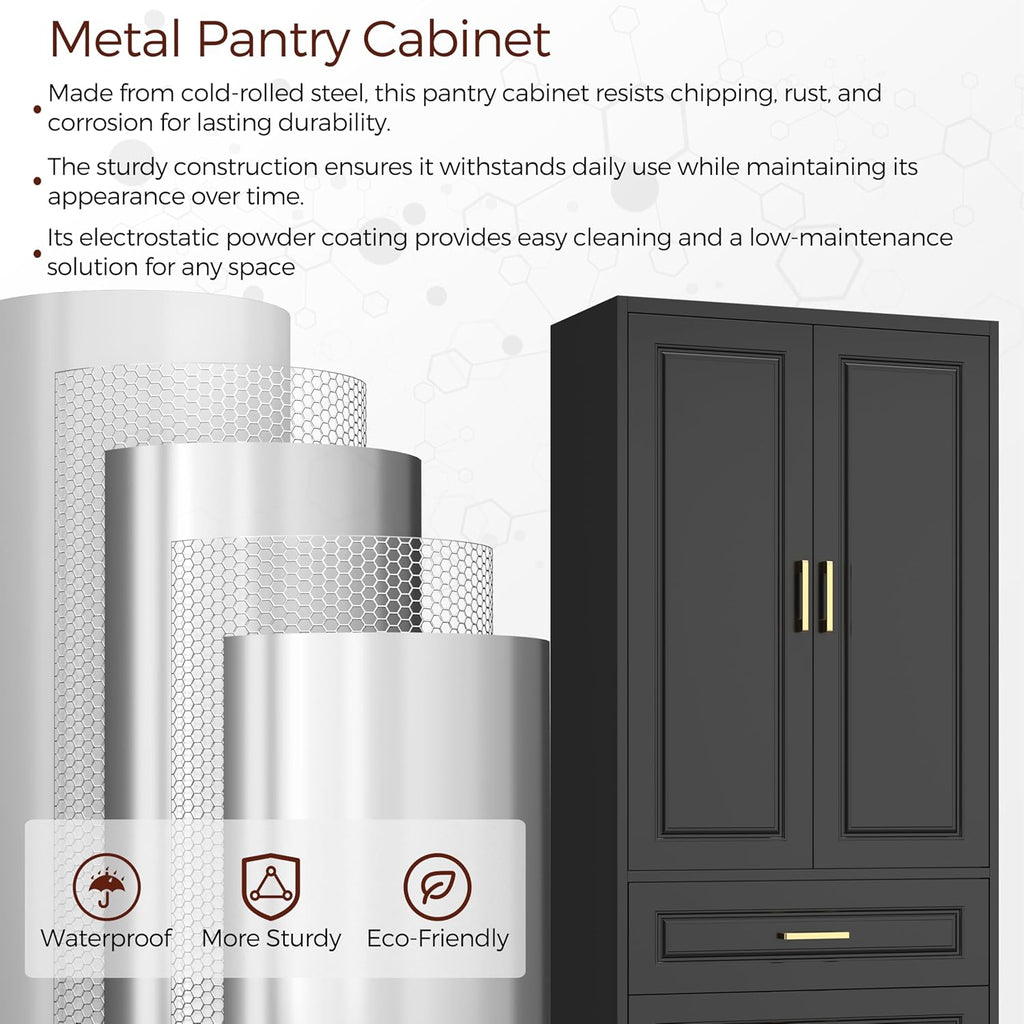 75" Kitchen Pantry Cabinet, Metal Storage Cabinets with Doors and Adjustable Shelves, Black Tall Pantry Cabinet with 3 Drawers for Dinning Living Room