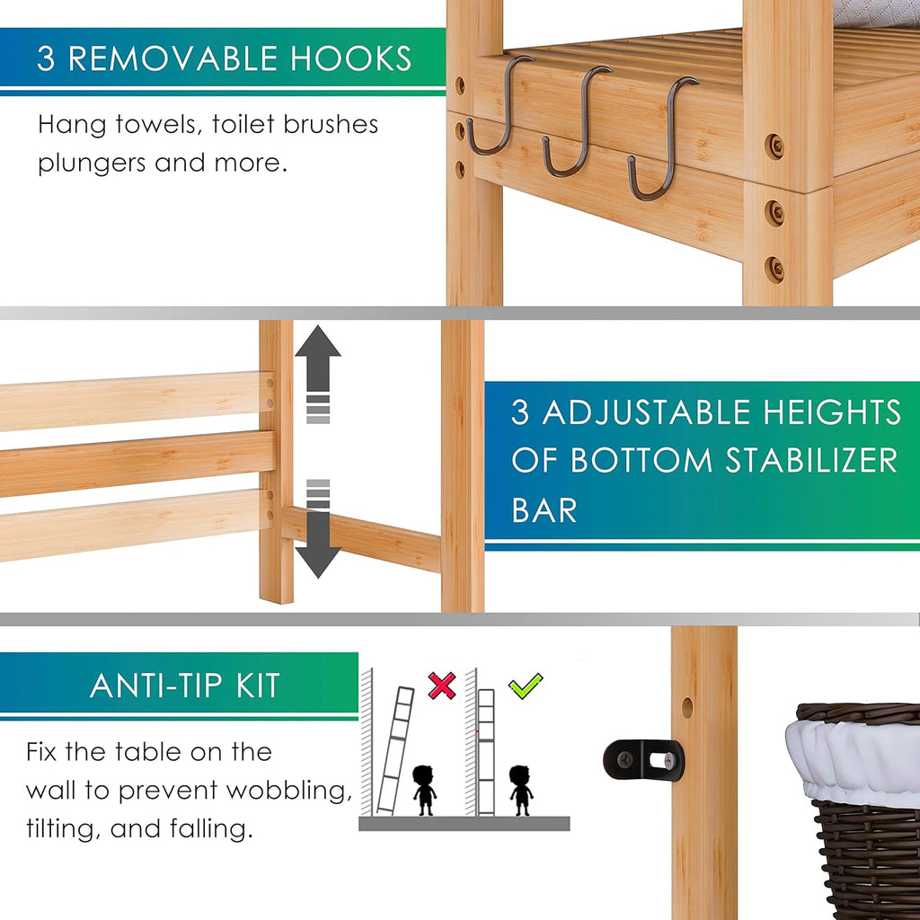 SMIBUY Bathroom Storage Shelf, Bamboo Over-The-Toilet Organizer Rack, Freestanding Toilet Space Saver with 3-Tier Adjustable Shelves (Natural)