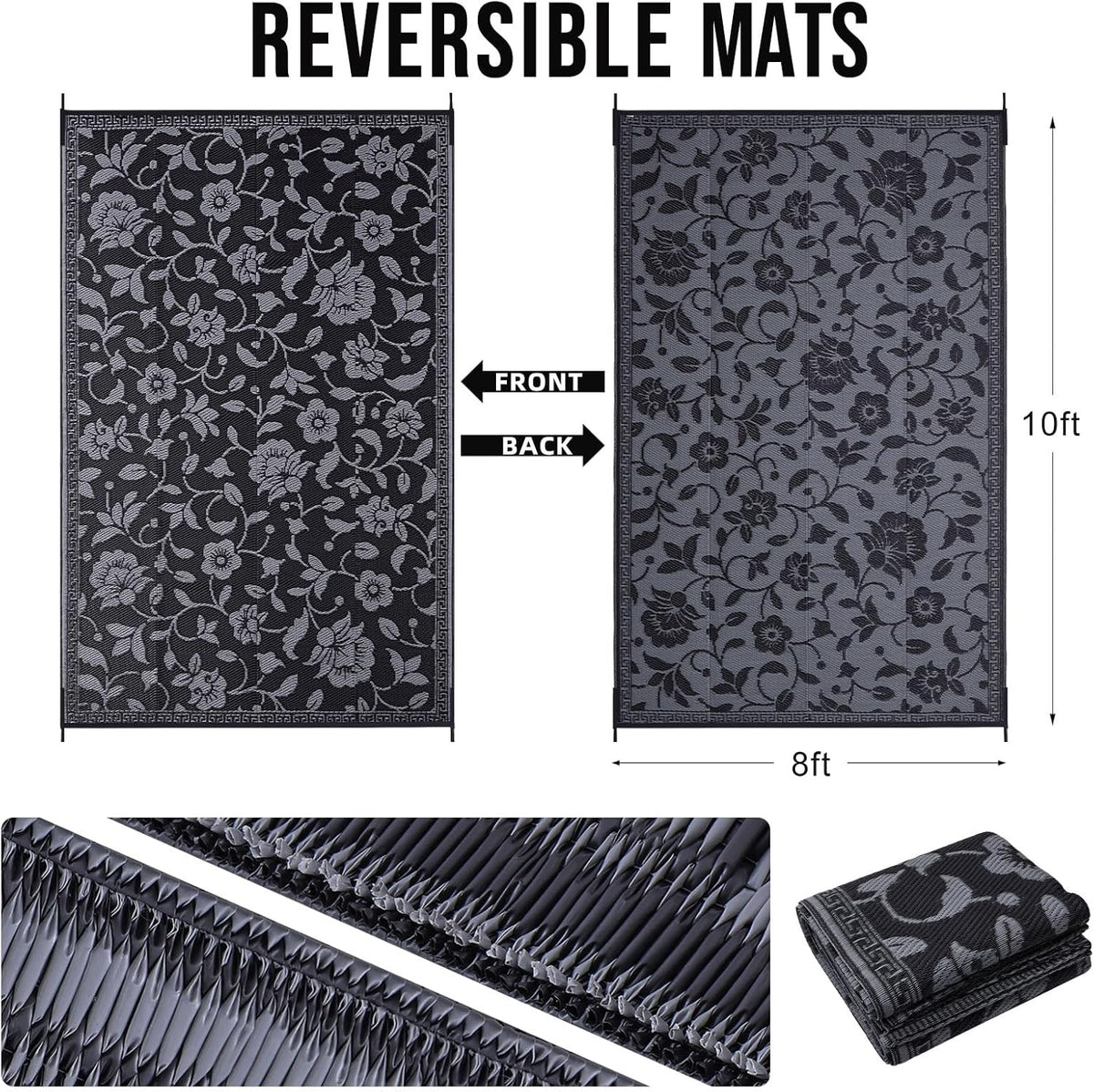 OLANLY Waterproof Outdoor Rug 8x10 ft, Outdoor Plastic Straw Rug with Flower Pattern, Reversible RV Mat for Patio, Camping, Balcony, Deck, Backyard, Black & Grey
