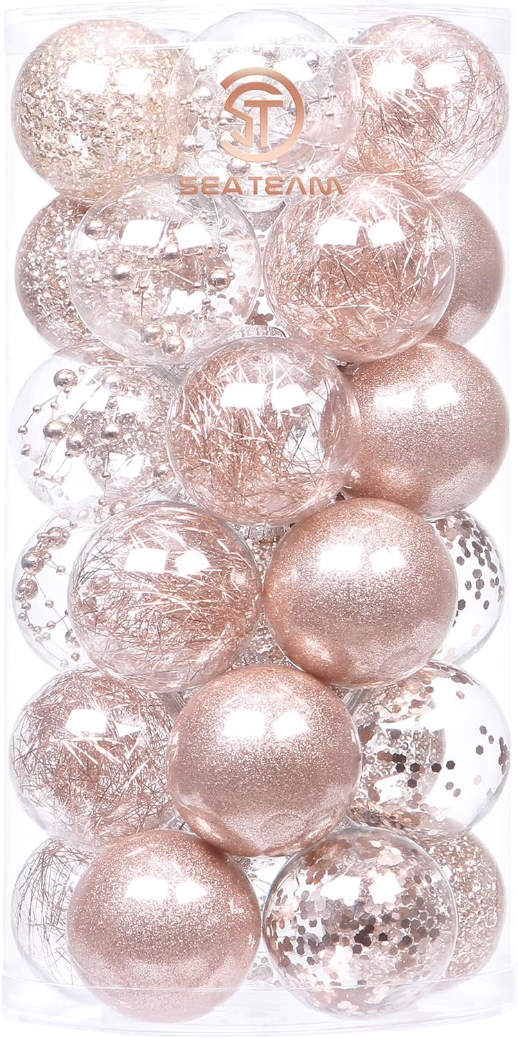 Sea Team Shatterproof Clear Plastic Christmas Ball Ornaments Decorative Xmas Balls Baubles Set with Stuffed Delicate Decorations (60mm/2.36''/30-Pack, Rose Gold)