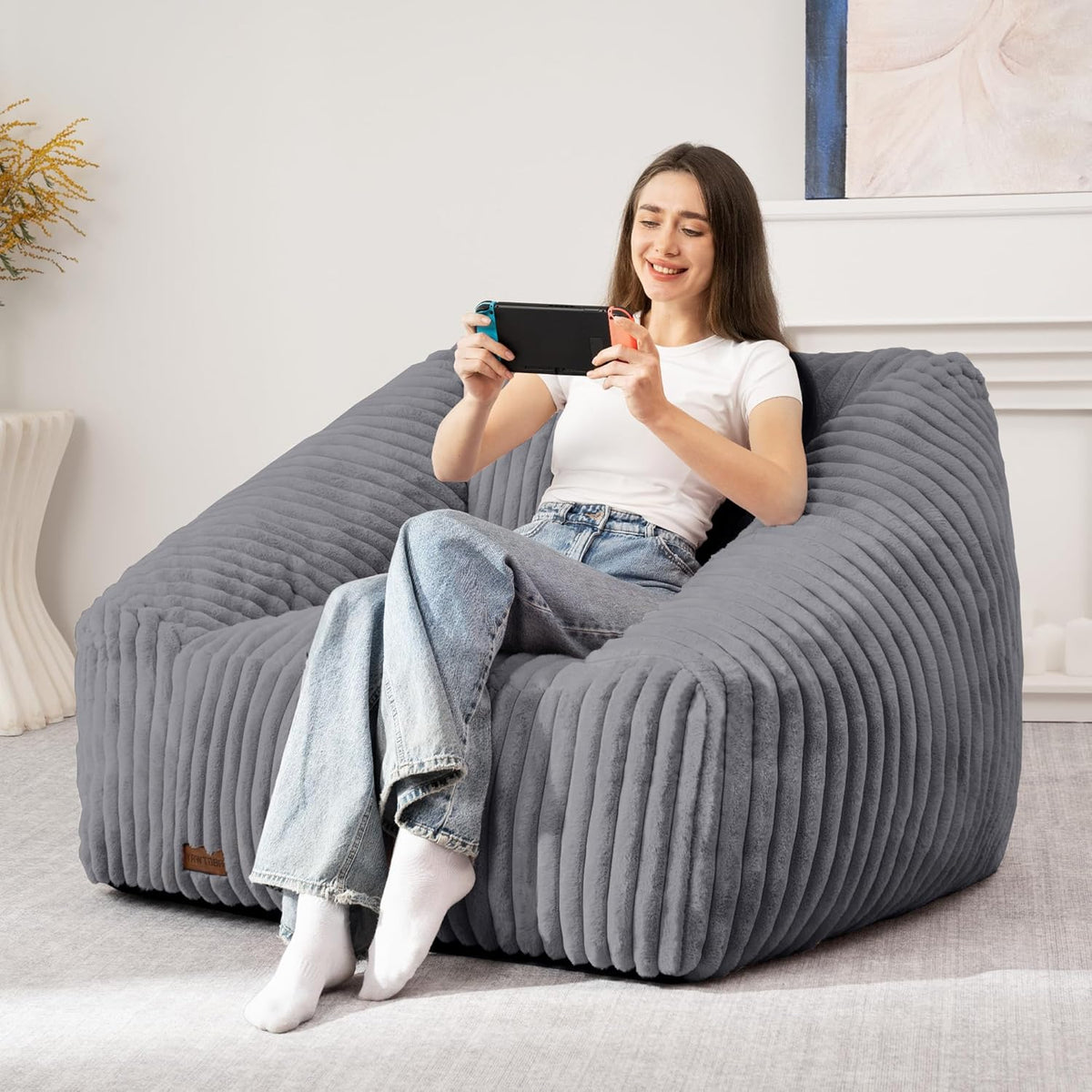 HABUTWAY Bean Bag Chair, Giant Bean Bag Chairs for Adults and Kids, Bean Bag Sofa, Lazy Floor Sofa, Faux Fur Beanbag Chair with Armrests for Living Room Bedroom (Grey)