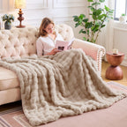 Lotus Karen Faux Fur Throw Blanket Linen - 800 GSM Bubble Rabbit Fluff Blanket for Couch Bed Sofa,Softest Fluffy Fuzzy Cozy Blanket,Thick Furry Plush Shaggy Warm Blankets for Women,108x90 Inches