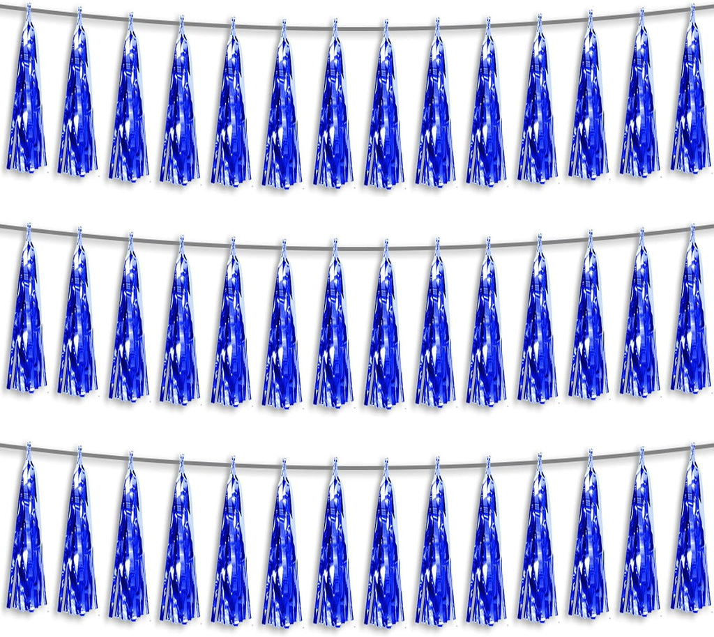 3P Blue Foil Fringe Metallic Tassel Streamers Banner Tassel Garland for Parade Floats, Bachelorette, Wedding, Birthday, Halloween, Christmas, Bridal/Baby Shower Party Decorations