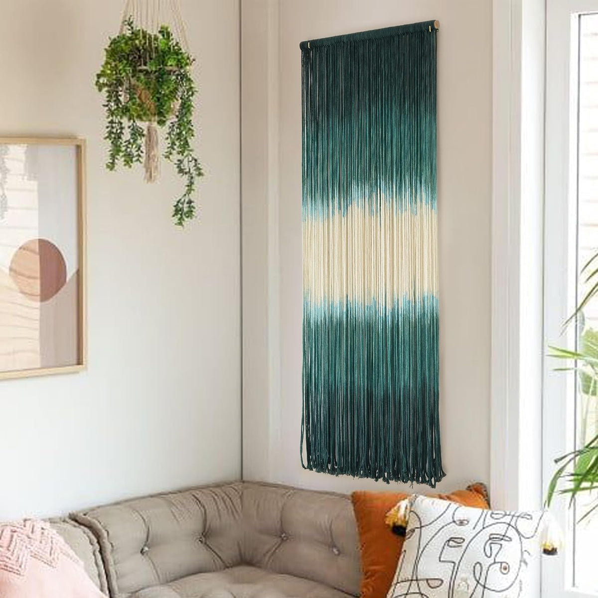 Macrame Wall Hanging Green Boho Handmade Ombre Wall Art Decor for Living Room Bedroom Fiber Art 15''W*43''L