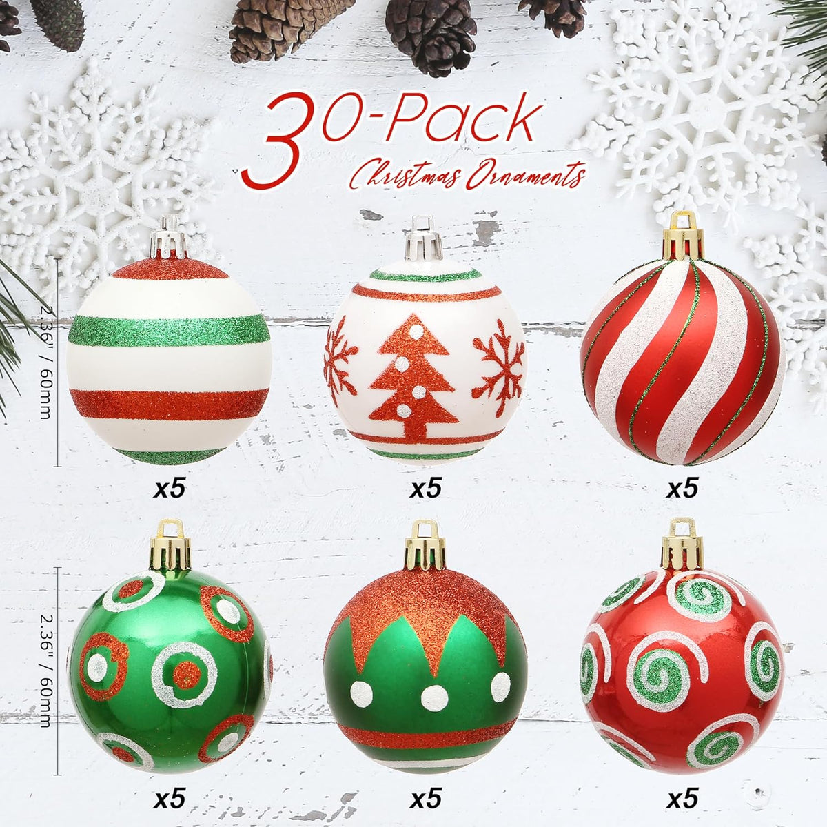 Sea Team 60mm/2.36" Set of Colorful Painted Sparkling Ornaments and Hanging Baubles for Christmas Tree - 30 Pieces