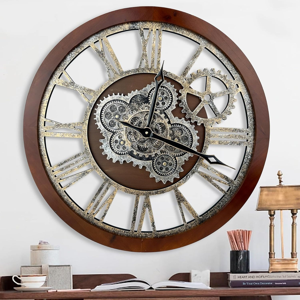 HOIBAI Large Wall Clock, 24 Inch Wall Clocks for Living Room Decor Farmhouse Vintage Rustic Kitchen Wall Decor Vintage Roman Big Oversized Wall Clock for Home Bedroom House Office, Moving Gears Clock