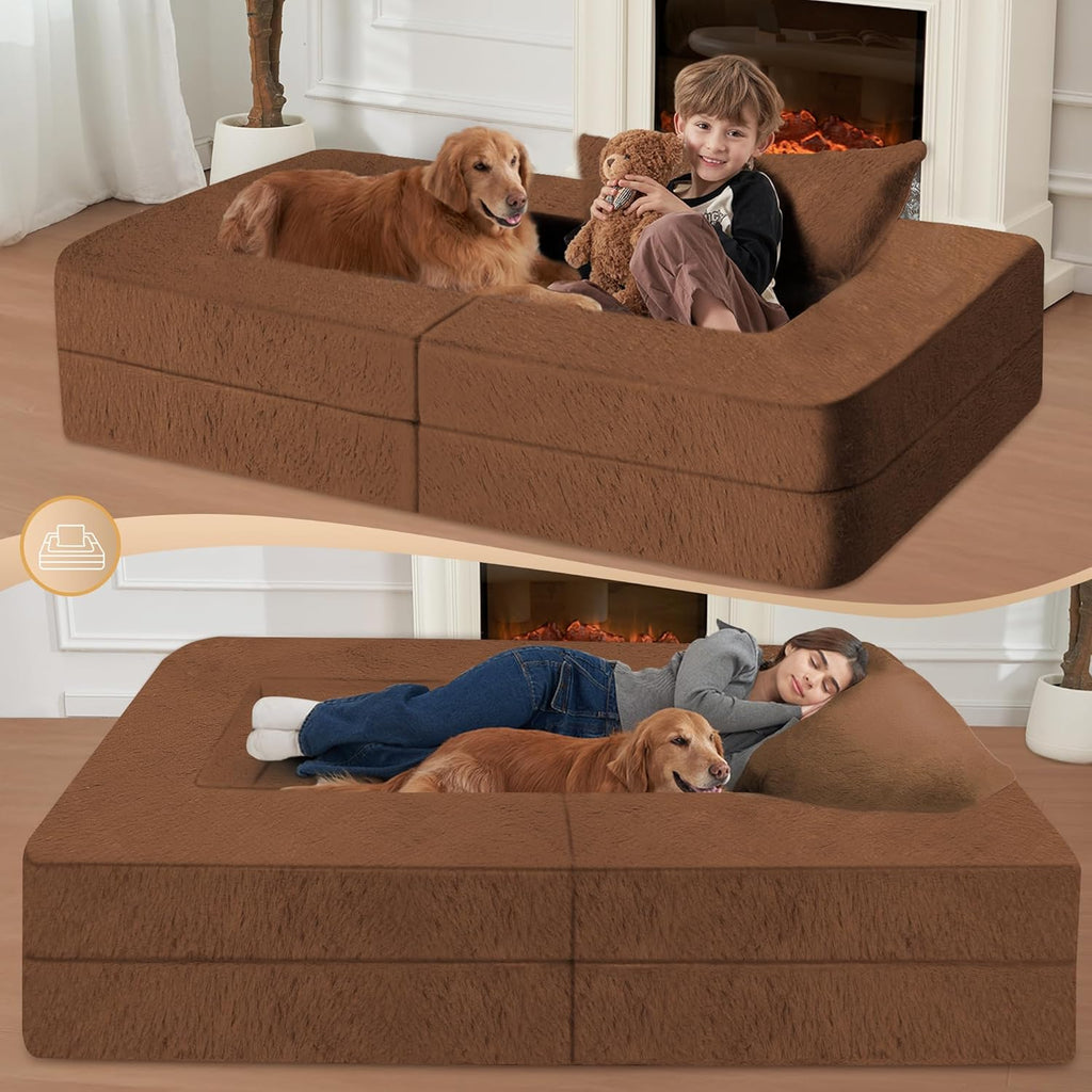 Folding Bean Bag Chair for Adults,3-in-1 Bean Bag Couch Faux Fur Floor Sofa Large Beanbag Convertible Bean Bag Sofa Bed with Pillow in Bedroom,Living Room,Apartment(Twin,Caramel)