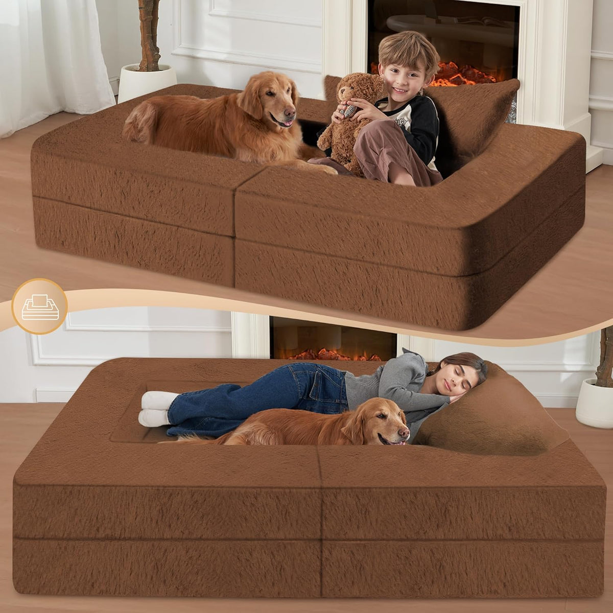 Folding Bean Bag Chair for Adults,3-in-1 Bean Bag Couch Faux Fur Floor Sofa Large Beanbag Convertible Bean Bag Sofa Bed with Pillow in Bedroom,Living Room,Apartment(Twin,Caramel)