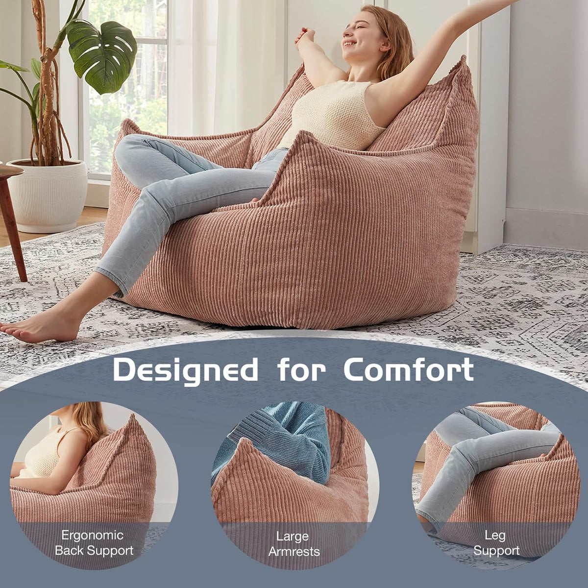 Giant Bean Bag Chair Sofa for Adults Teens, Comfy Corduroy Large Bean Bag Chairs with Armrests for Bedroom Living Room, Adult BeanBag Lazy Sofa Couch Chairs with Filler Included
