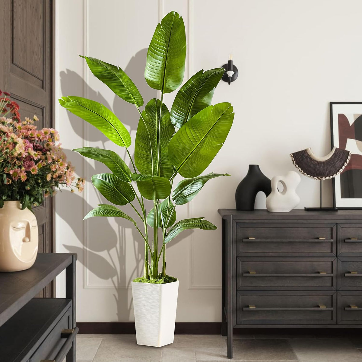 Lifelike Bird of Paradise Silk Artificial Plant Faux Banana Leaf Tree for Home Decor - Perfect Indoor Floor Plant with 11 Trunks (1, White Tall Planter, 6.6 FT)