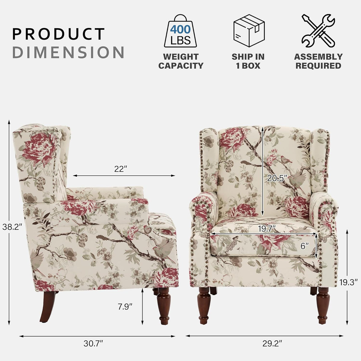 Lumibee Wingback Accent Chair,High Back Floral Armchairs in Fabric,Comfy Upholstered Reading Single Sofa Chair with Solid Wood Legs for Living Room,Bedroom,Office-Floral Beige