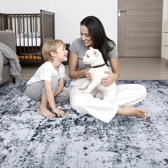 Round Area Rug Living Room: 6 ft Modern Washable Carpet Black | - Image 10