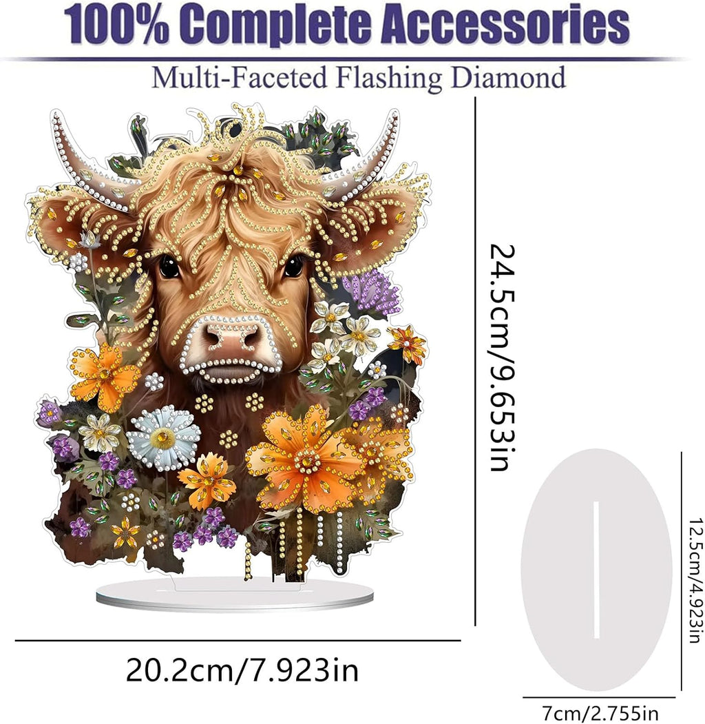 Diamond Painting Kits for Adults Beginners, 5D Full Drill Highland Cattle Crystal Art Desktop Ornament, DIY Single Sided Home Office Desk Decor, Creative Craft Gift Set with Tools