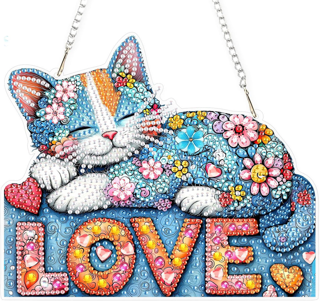 Lxmsja DIY Colorful Cat Diamond Painting Hanging Ornament, Double-Sided Acrylic Love Hearts Diamond Art Kit, Special Shaped Drill Pendant Window Art Kit, Suncatcher Hanging Craft Decoration 7×8 inch