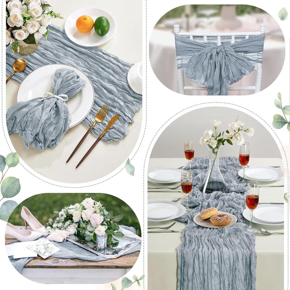 24 Pack Dusty Blue Cheesecloth Table Runner 10FT Long Boho Gauze Table Runner Rustic Sheer Runner for Wedding Bridal Baby Shower Birthday Party Table Decor Thanksgiving Christmas Decorations