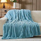 NEWCOSPLAY Faux Fur Throw Blanket Blue 3D Ribbed Plush Thick Warm Blanket for Couch Sofa Bed 850GSM (Blue Ribbed, Throw(50"x60"))