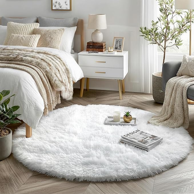 Amdrebio White Fluffy Round Rug 4Ft by Amdrebio