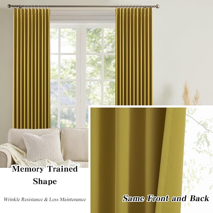 Yellow Pinch Pleated Curtains 45 Inch Length 2 Panels Set Noise Cancelling - Image 6
