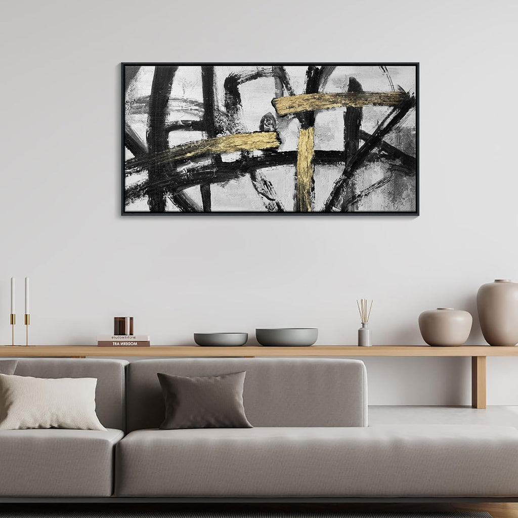 CHATYOUNG Wall Art Modern Abstract Paintings - Large Golden Thread Canvas Prints Black White and Gold Interweaving Wall Pictures Prefer for Bedroom Living Room Office Decor,Framed, 29 x 58 In