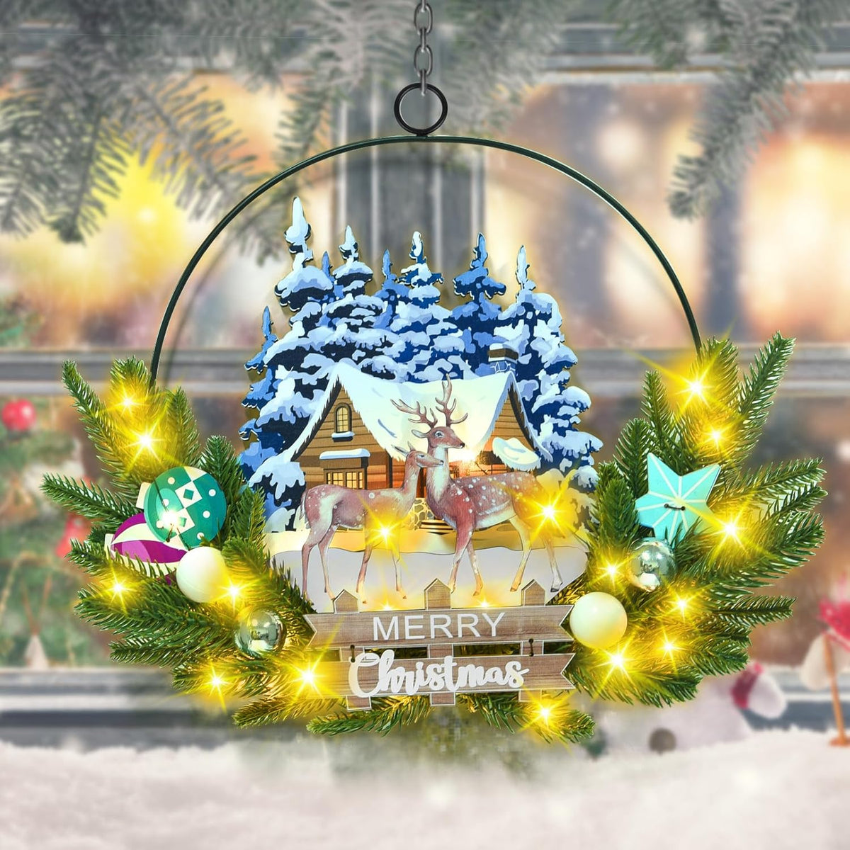 Light up Christmas Wreaths for Front Door, Welcome Metal Wooden Door Wreath Decor Hanging Sign, 30 LED Lighted Wall Decor Battery Operated for Halloween Indoor Outdoor (Deer)