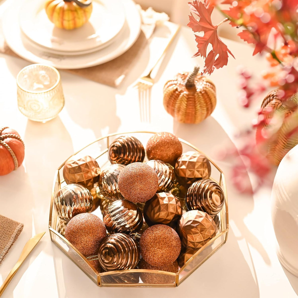 Valery Madelyn Christmas Ornaments Tree Decorations Set for Fall Halloween, 24ct Bronze Copper Brown Gold Shatterproof Ball Ornaments, 2.36" Hanging Ornament Bulk for Xmas Holiday Party Decor