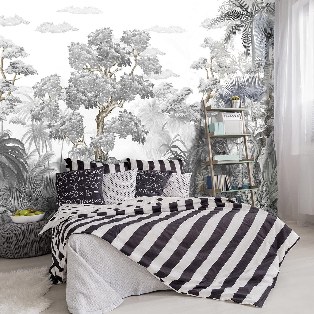 -Tropical Rainforest Botanical Grey Jungle Forest Fabric Wallpaper Living Room Palm Leaf Plant Bedroom Bathroom Large Wall Mural- 160"x108"（ not Peel and Stick）