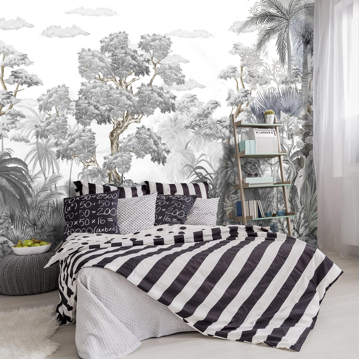-Tropical Rainforest Botanical Grey Jungle Forest Fabric Wallpaper Living Room Palm Leaf Plant Bedroom Bathroom Large Wall Mural- 183"x120"（ not Peel and Stick）