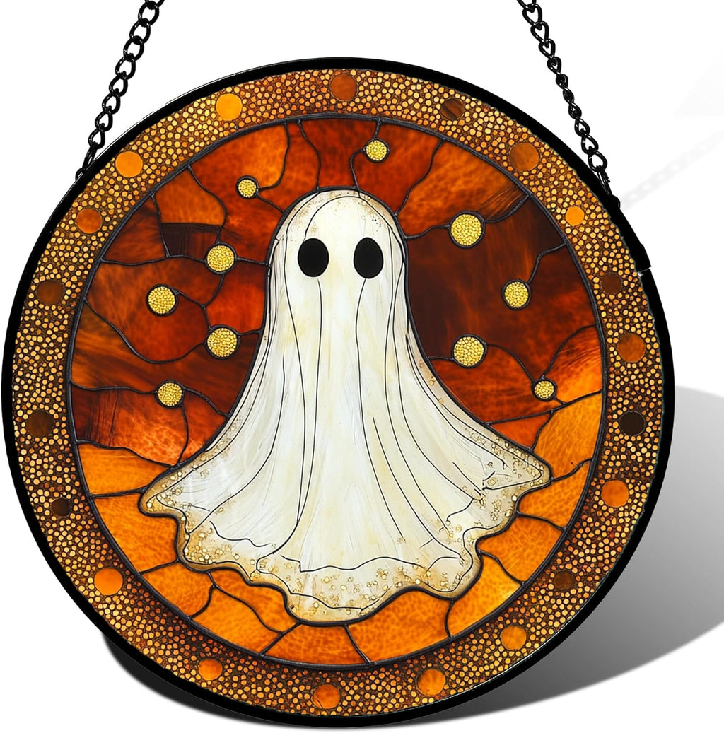 Stained Glass Window Hanging - Halloween Decorations White Ghost Suncatcher for Doors Garden Indoor Spooky Funny Orange Sun Catchers Gothic Decor Horror Gifts for Women Men Friend 15 in