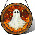 Stained Glass Window Hanging - Halloween Decorations White Ghost Suncatcher for Doors Garden Indoor Spooky Funny Orange Sun Catchers Gothic Decor Horror Gifts for Women Men Friend 15 in