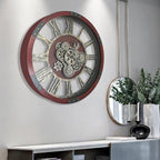 DORBOKER 30" Original Moving Gears Wall Clock, Large Industrial Wall Clock for Living Room Decor, Retro Wood Vintage Farmhouse Steampunk Rustic Clocks for Wall Decor,Red Walnut Wood