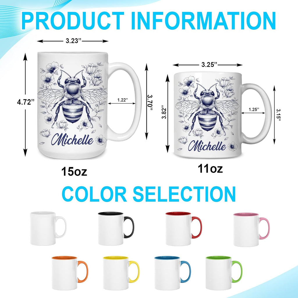 Hyturtle Personalized Floral Bee Mug - Bee Keeper Gifts For Women Lovers Teacher - Honey Gifts For Beekeeper Farmer On Birthday - Queen Honeycomb Decor - Custom Coffee Cup Ceramic Mug 11 Oz 15 Oz