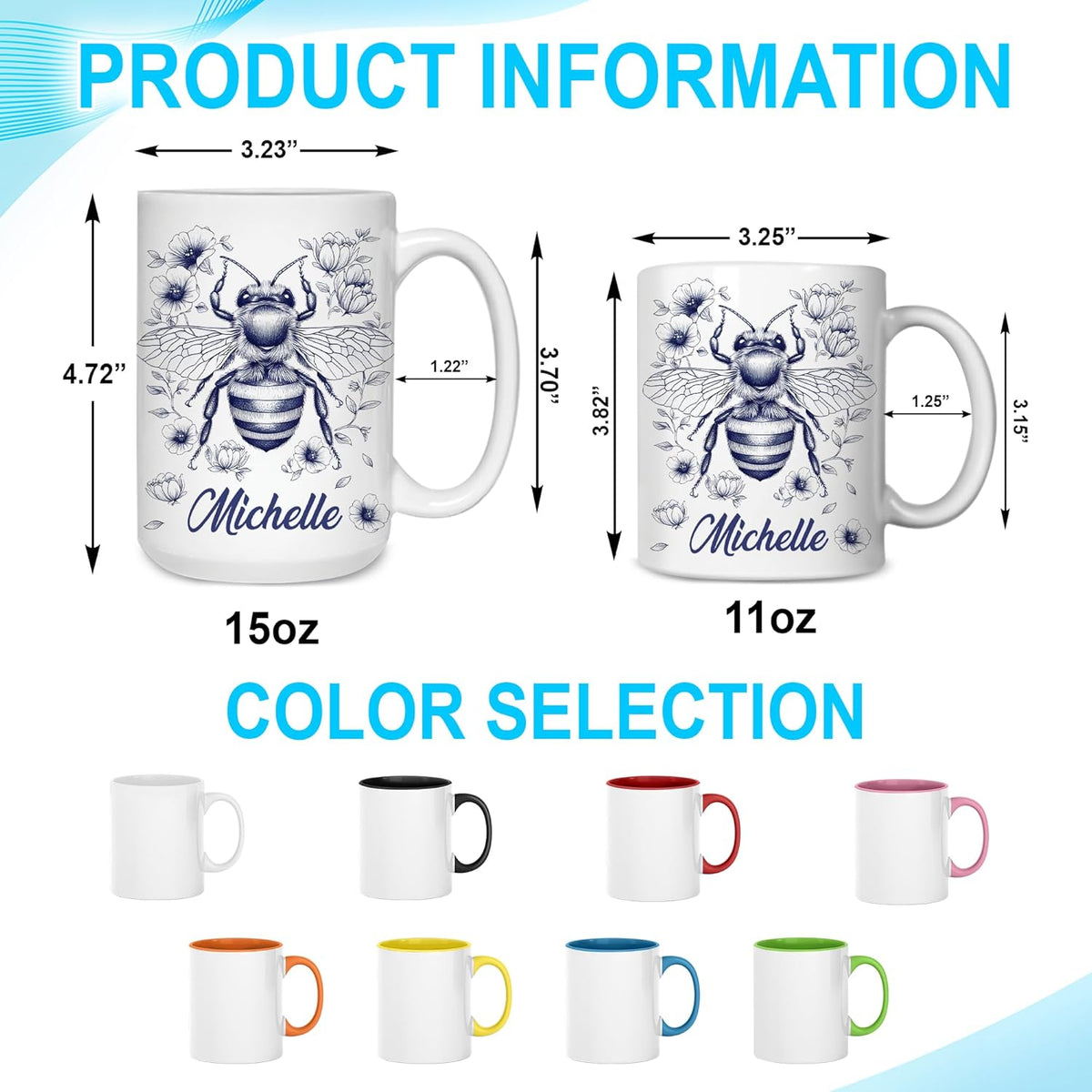 Hyturtle Personalized Floral Bee Mug - Bee Keeper Gifts For Women Lovers Teacher - Honey Gifts For Beekeeper Farmer On Birthday - Queen Honeycomb Decor - Custom Coffee Cup Ceramic Mug 11 Oz 15 Oz