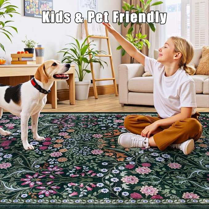 PLHXFR 2.6x14 Washable Runner Rug：Floral Indoor Kitchen Carpet Dark Green | - Image 6
