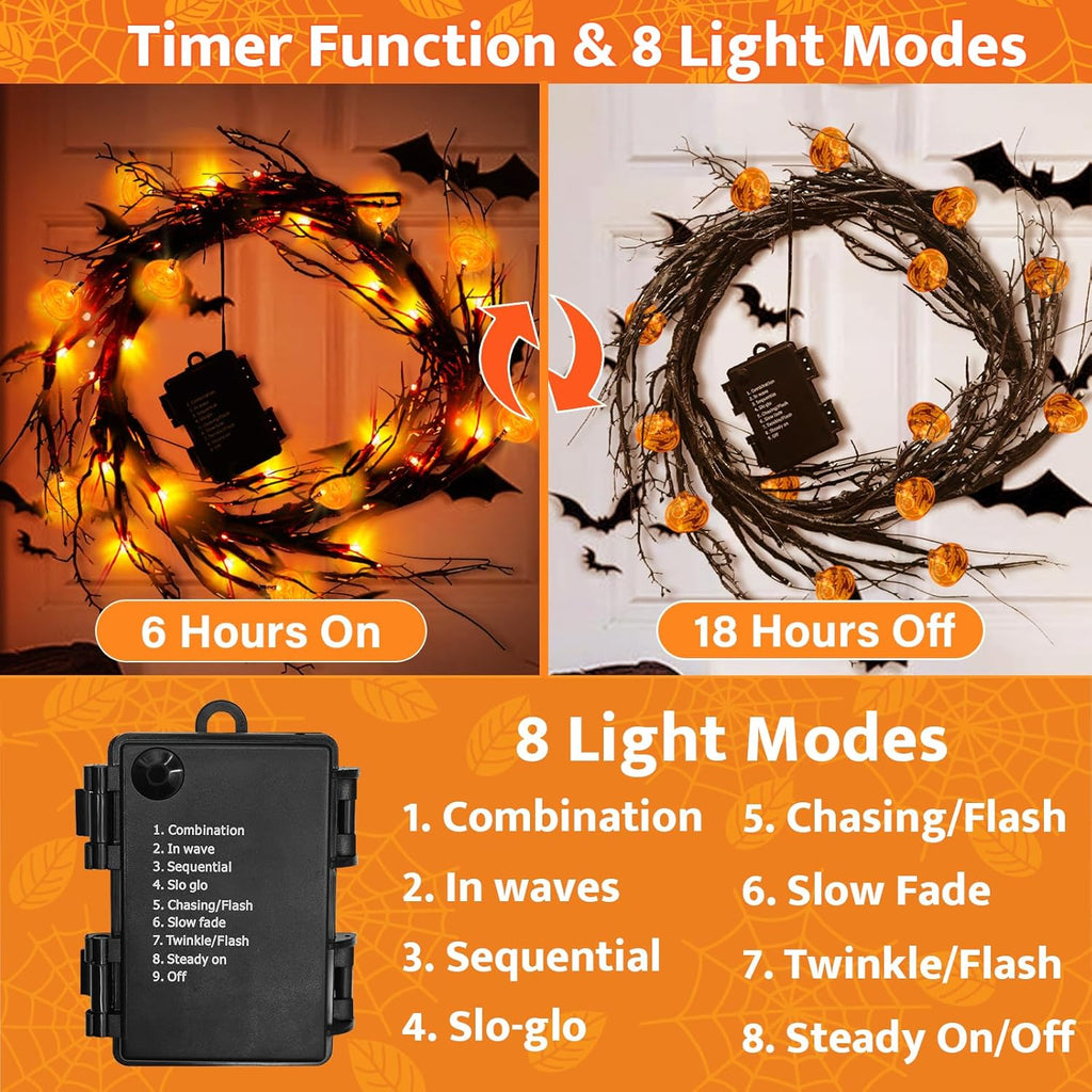 [ 8 Modes & Timer ] Halloween Willow Vine Twig Decor Garland with Pumpkins, 6 FT 54 LED Battery Operated for Indoor Halloween Decorations Home Mantle Fireplace