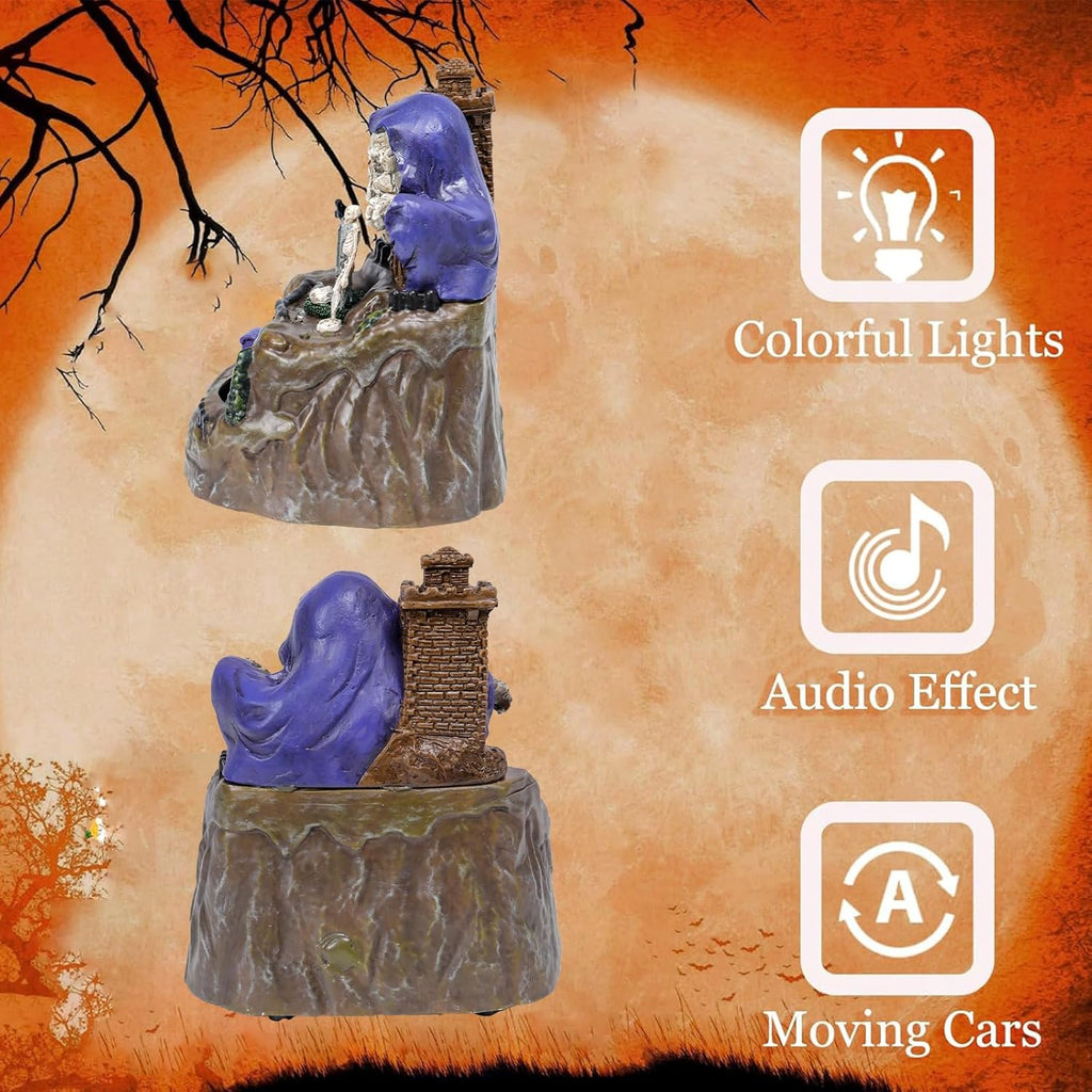 Bdor Halloween Tabletop Decoration with LED Lights and Moving Train – Spooky Skeleton Castle Animated Halloween Ornament, Skull Graveyard Scene, Light Up Haunted House Decor for Indoor Party Display