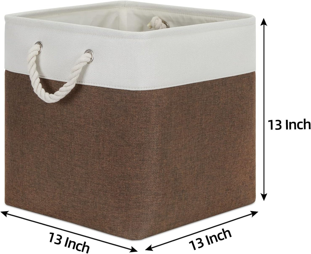 Bidtakay Collapsible Rustic Cube Storage - Brown Cloth Baskets with Handles, 13x13x13 Inch, Set of 3 Fabric Storage Bins