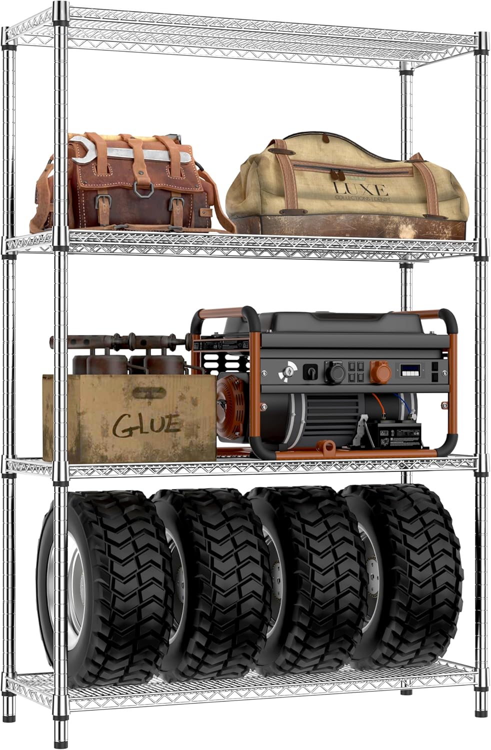 IZEUK 3400 LBS Garage Shelving Wide Storage Shelves 4 Tier Metal Shelves Heavy Duty Adjustable Utility Shelf Rack Chrome 17.7" D x 47.2" W x 70.4" H