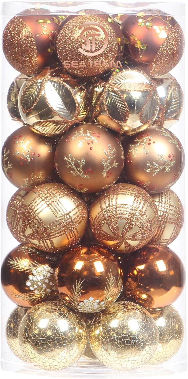 Sea Team 60mm/2.36" Delicate Contrast Color Theme Painting & Glittering Christmas Tree Pendants Decorative Hanging Christmas Baubles Balls Ornaments Set - 30 Pieces (Bronze & Gold)