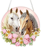 Lxmsja DIY Two Horses Diamond Painting Hanging Ornament, Double-Sided Acrylic Flowers Diamond Art Kit, Special Shaped Drill Pendant Window Art Kit, Suncatcher Hanging Craft Decoration 8x8 inch
