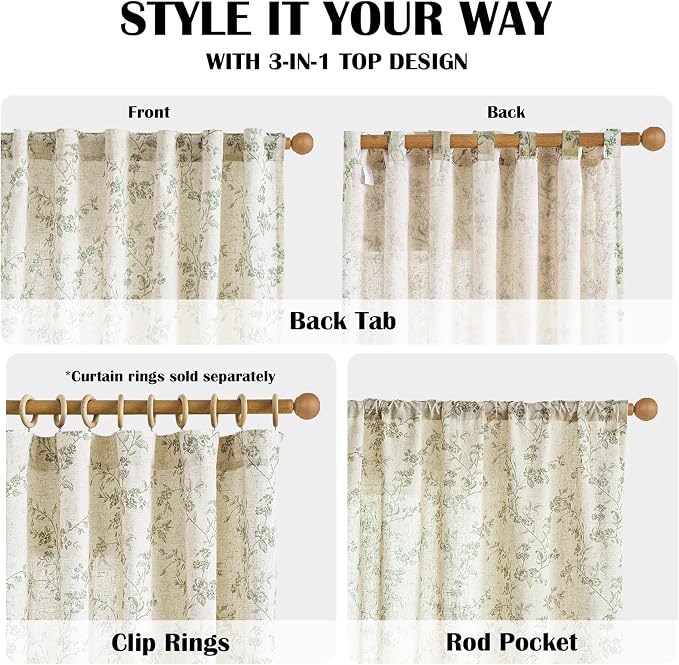 Green Vintage Floral Linen Curtains Farmhouse 50W X 90L 2 Panels | Elisa Series - Image 5