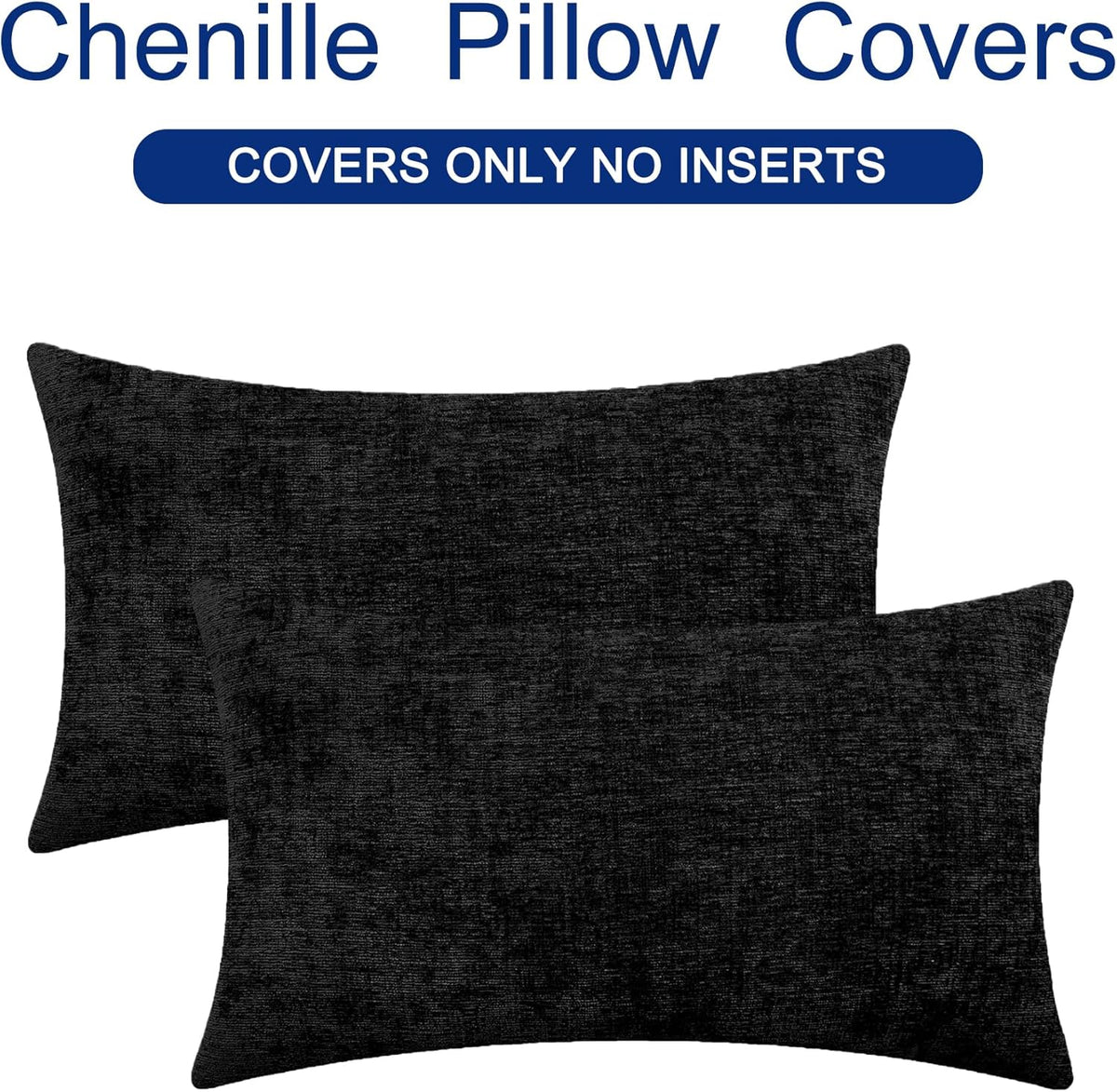 CaliTime Throw Pillow Covers Decorative 12 X 20 Inches Pack of 2 Cozy Chenille Cushion Cases for Couch Sofa Bed Living Room Home Black