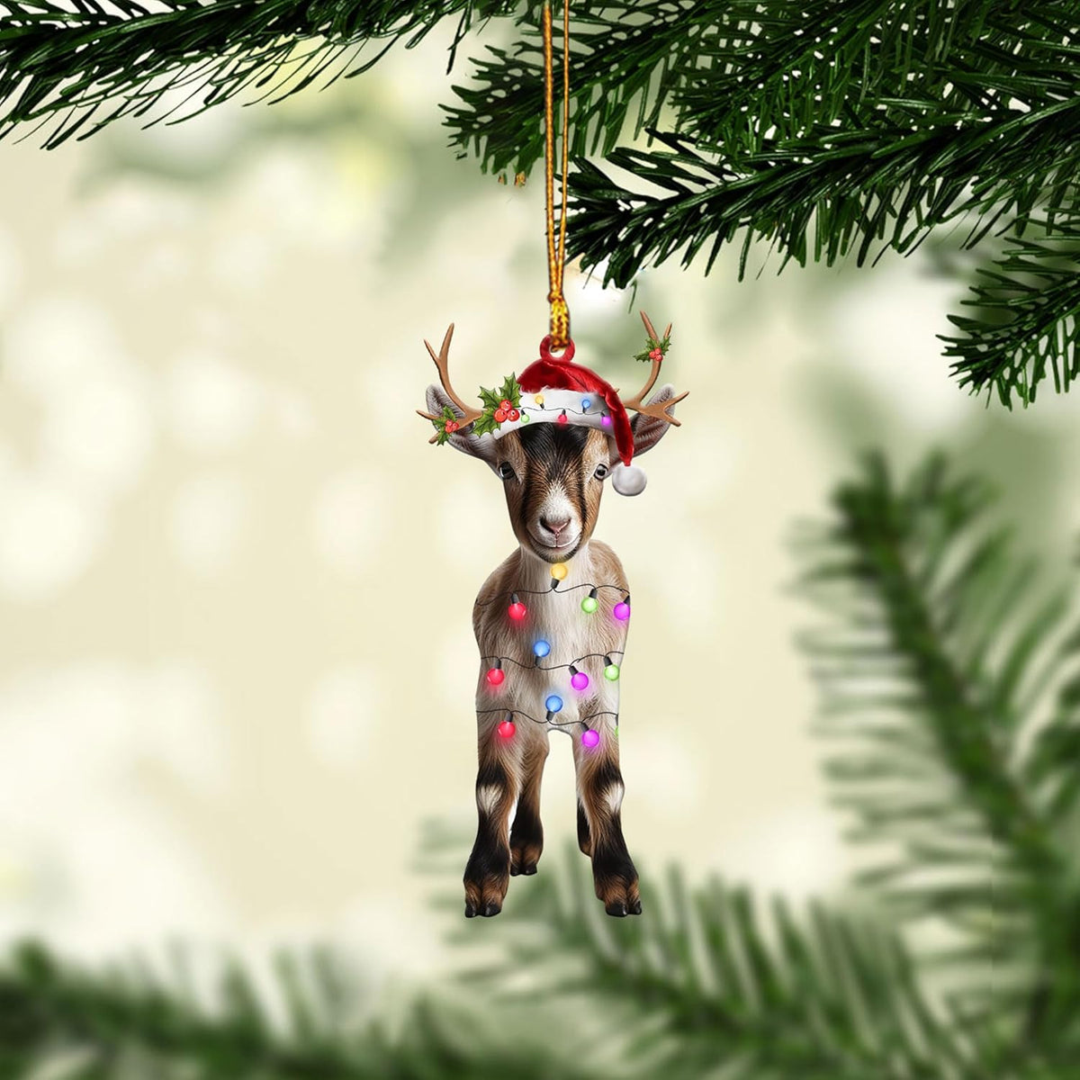 Talataca Goat 2D Flat Christmas Ornament, Goat Wearing Christmas Hat Reindeer with String Lights Pine Tree Decor, Hanging House Charm Eve Keepsake, Car Rear View Mirror Accessories, Xmas Gift