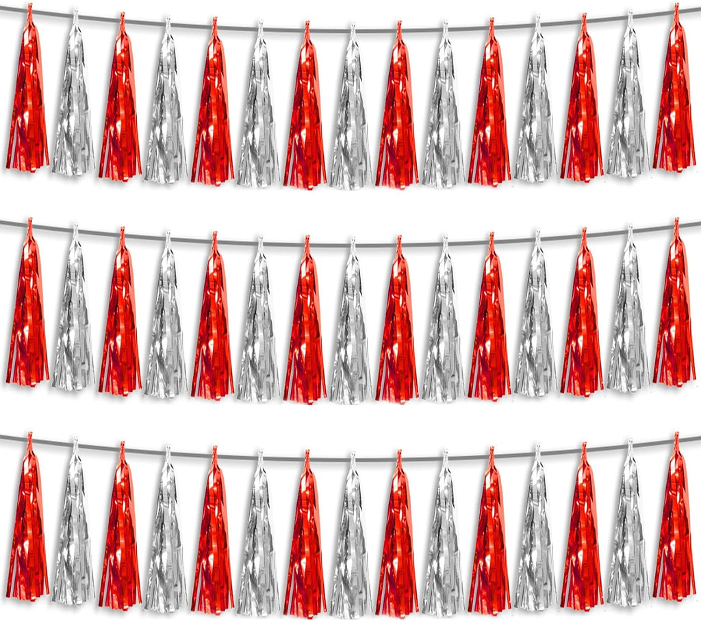 3P Red Silver Foil Fringe Metallic Tassel Streamers Banner Tassel Garland for Parade Floats, Bachelorette, Wedding, Birthday, Halloween, Christmas, Bridal/Baby Shower Party Decorations