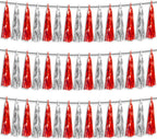 3P Red Silver Foil Fringe Metallic Tassel Streamers Banner Tassel Garland for Parade Floats, Bachelorette, Wedding, Birthday, Halloween, Christmas, Bridal/Baby Shower Party Decorations