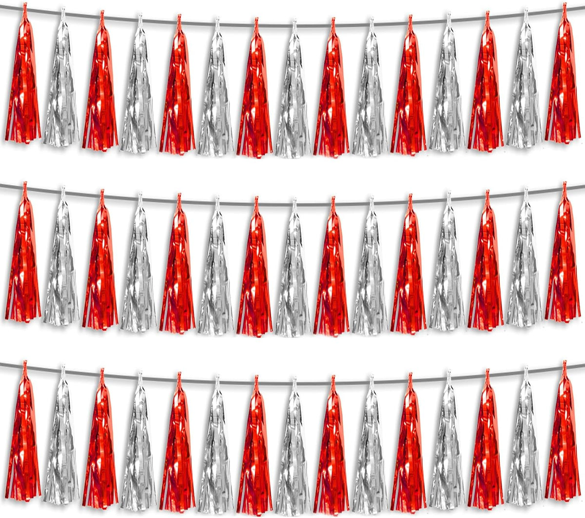 3P Red Silver Foil Fringe Metallic Tassel Streamers Banner Tassel Garland for Parade Floats, Bachelorette, Wedding, Birthday, Halloween, Christmas, Bridal/Baby Shower Party Decorations