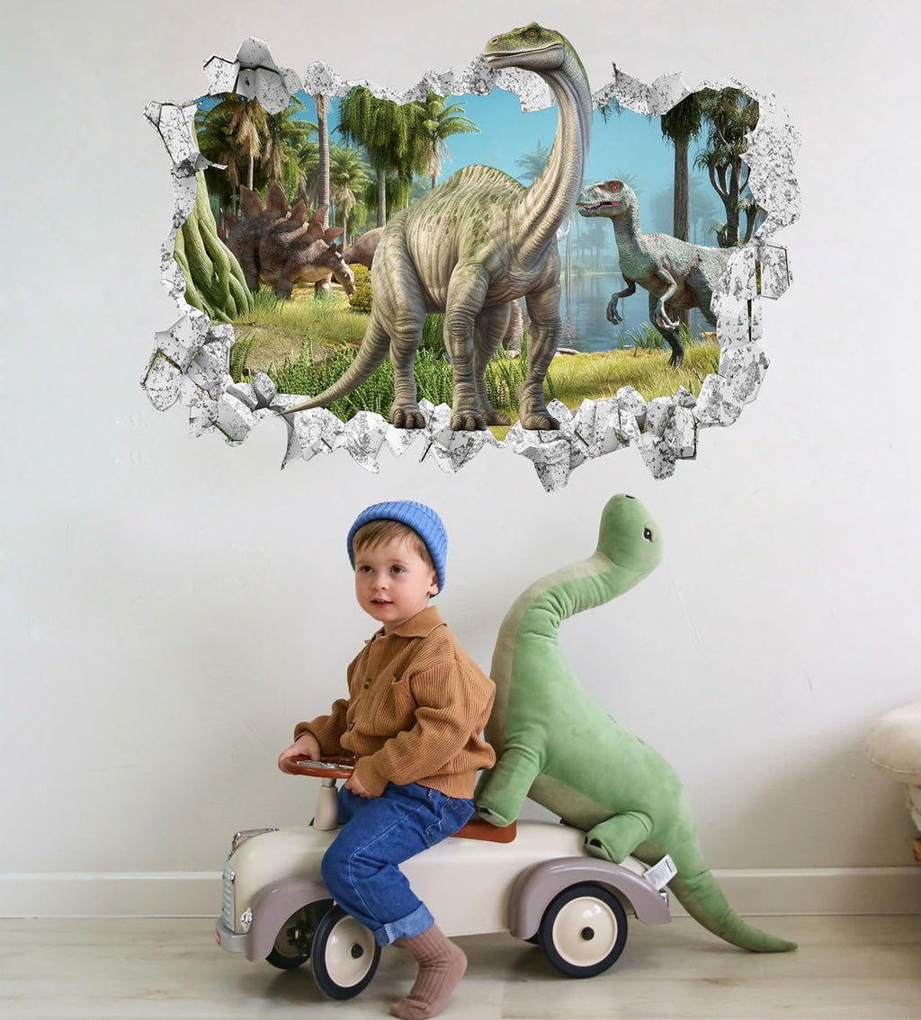 Large 3D Dinosaur Wall Stickers (31.7”x 22.5”), Dino Broken Hole Vinyl Wall Decals, Removable Forest Dinosaur Animal Wall Art for Kids Boys Bedroom Playroom Decor