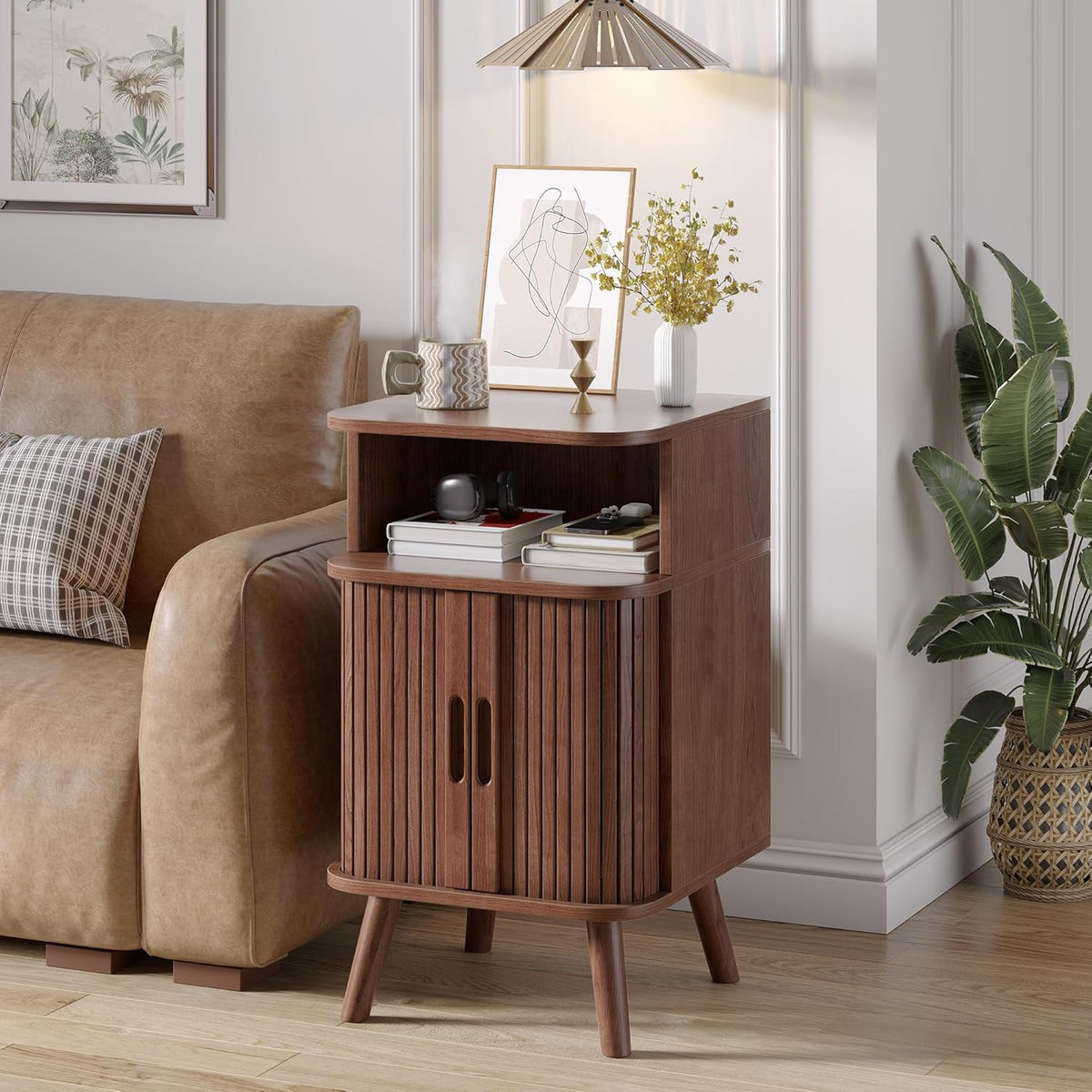 Alohappy Mid Century Modern End Table with Sliding Tambour Door, Fluted Wood Nightstand, Curved Round Edge Side Table with Storage Cabinet for Bedroom, Living Room, Walnut